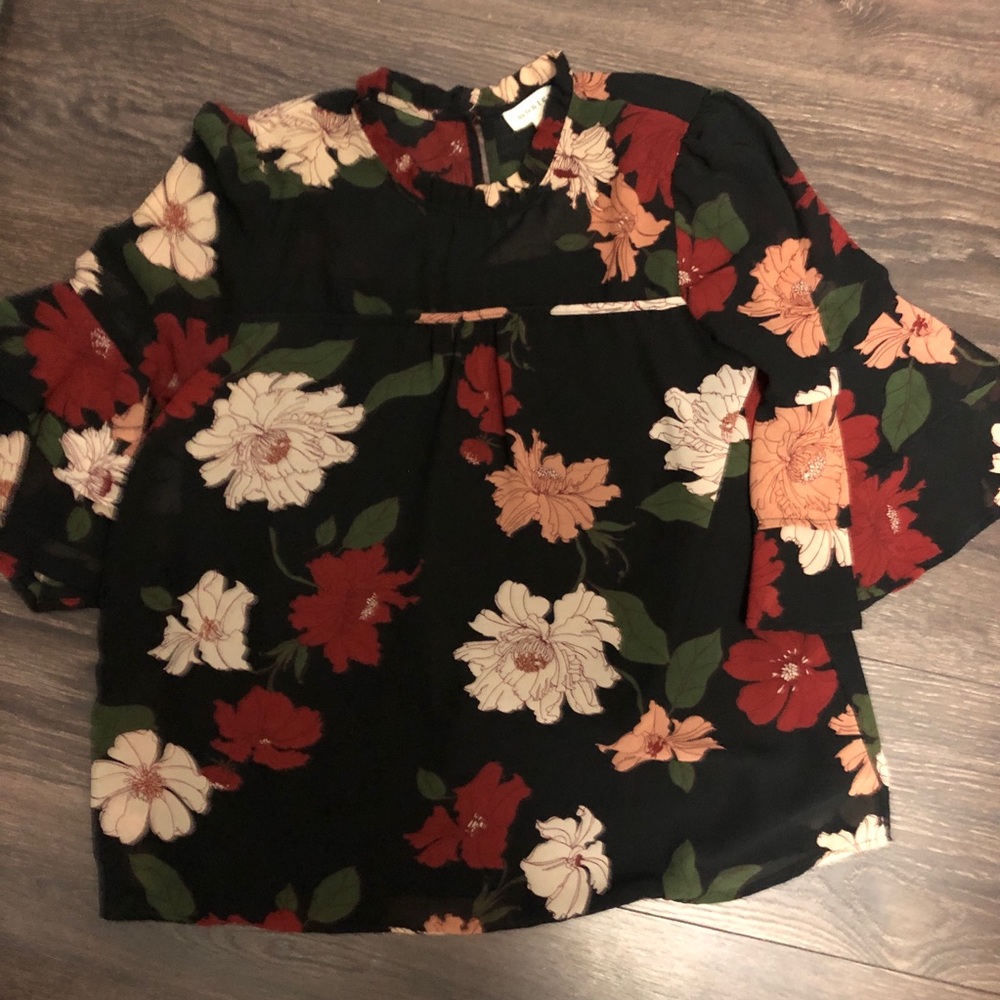 Floral Black Blouse with Red & Cream Blooms